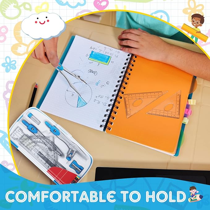 Teling 12 Sets Math Geometry Kit for Students 10 Pcs Compass Geometry Tools Set Includes Rulers Protractor Compass Eraser Pencil Sharpener Lead Refills Pencil (Blue)-DeskLoop Office