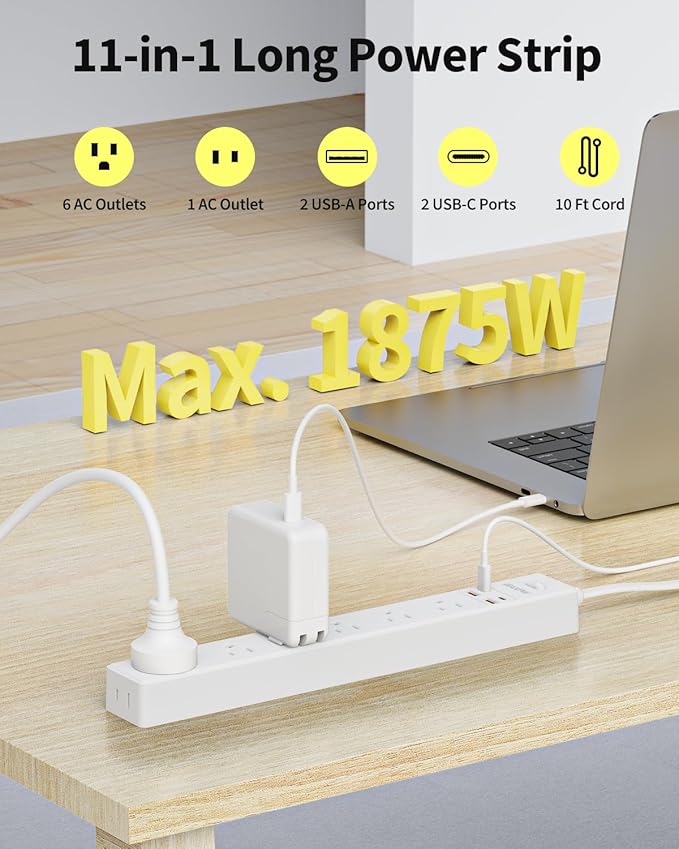 10 Ft Power Strip Surge Protector - 7 Outlets 4 USB Ports (2 USB C), Ultra Thin Flat Extension Cord & Flat Plug, 1700 Joules, Wall Mount, Desk Charging Station for Home Office Dorm, White-DeskLoop Office