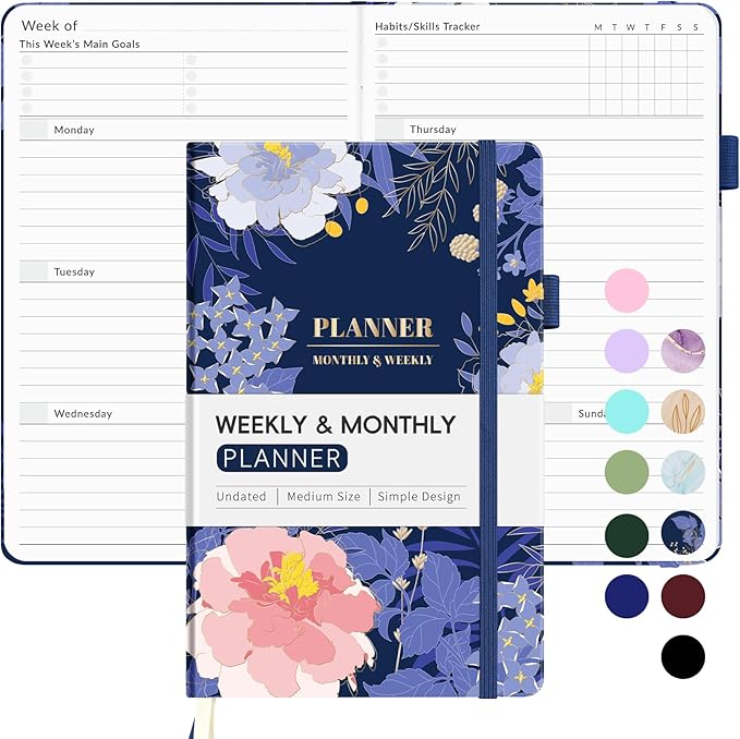 Undated Weekly Planner for 2025, Forvencer Simplified Weekly & Monthly Calendar Planner, Cute Daily Organizer Notebook, Agenda Journal to Track Goals & Tasks, Start Anytime, A5 Size, Navy Floral-DeskLoop Office