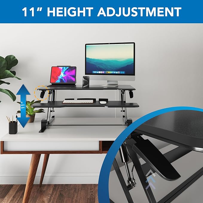 Mount-It! Height Adjustable Standing Desk Converter, 38” Wide, Stand Up Desk Riser for 2 Monitors, Manual Gas Spring Desktop Raises to 16.9", Fits Two Monitor Screens with Keyboard Mouse Tray in Black-DeskLoop Office