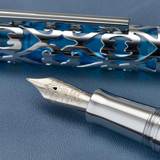 Hongdian D1 Piston Fountain Pen Fine Soft Nib, Silver Blue Hollow Skeleton & Resin Pen with Metal Case Set-DeskLoop Office