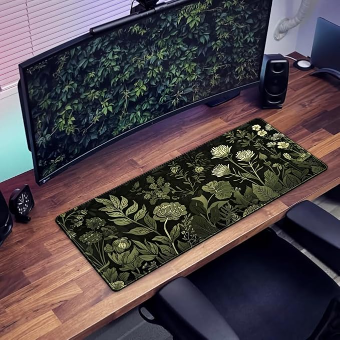Sage Green Floral Black Plant Desk Pad Retro Aesthetics Mouse Pad Large Gaming Mouse Mat for Office Computer Keyboard Laptop Home with Stitched Edges,Non-Slip Base 31.5 X 11.8 in-DeskLoop Office