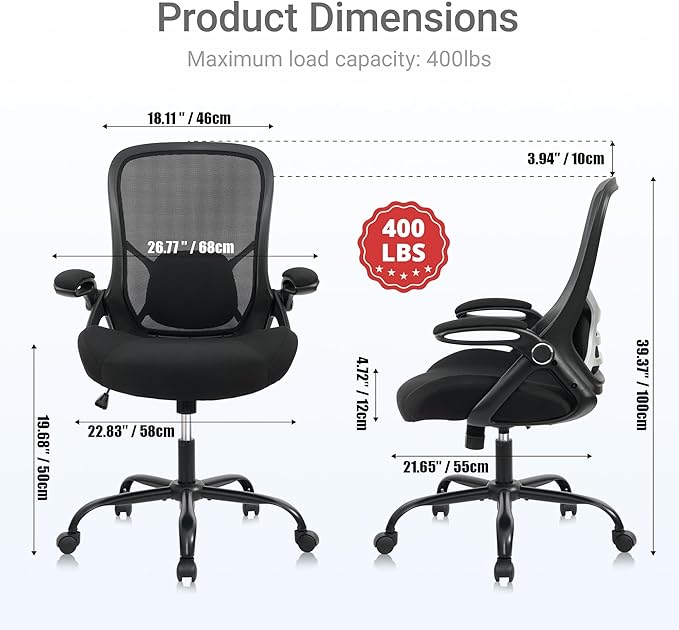 HYLONE Big and Tall 400lbs Heavy Duty Office Chair, 5" Thickened Seat Ergonomic Desk Chair with Adjustable Armrests, Home Office Computer Chairs for Long Hours Mesh Executive Chair(Black)-DeskLoop Office