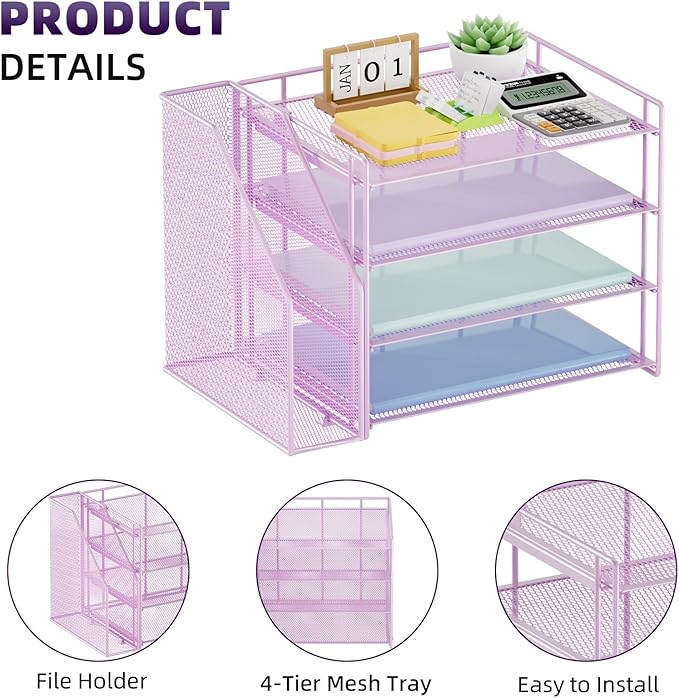 Marbrasse Desk Organizer and Accessories,4-Tier Paper Letter Tray Organizer with File Holder,Desk Accessories & Workspace Desktop Organizers for School Home Office Supplies (Purple)