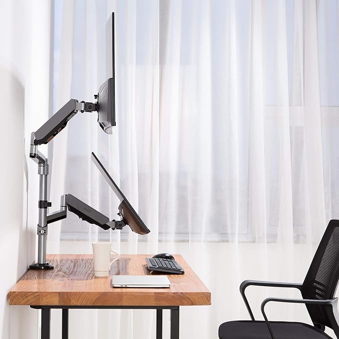 AVLT Dual 17"-32" Stacked Monitor Arm Desk Mount for 2 Flat or Curved Screens, Full Motion Height Adjustable with Swivel, Tilt, Rotation, Extra Tall, VESA, C-Clamp or Grommet Base-DeskLoop Office