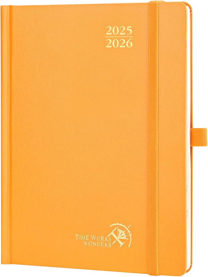 POPRUN Planner 2025-2026, (Medium 6.5'' x 8.5'' Hard Cover) Academic Calendar (July 25-June 26) Daily Weekly and Monthly Appointment Book with Hourly Time Slots, Monthly Tabs, 100 GSM - Orange-DeskLoop Office