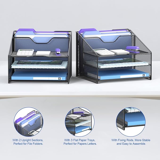 Samstar 2 Pack Mesh Desk File Organizer Letter Tray Holder, Desktop File Folder Holder with 3 Paper Trays and 2 Vertical Upright Section, Black-DeskLoop Office