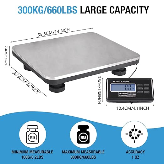 SurmountWay Shipping Scale 660lbs LCD Digital Platform Heavy Duty Portable Stainless Platform for Postal Shipping Scale Industrial Floor Scale W/ 14"X 12"-DeskLoop Office