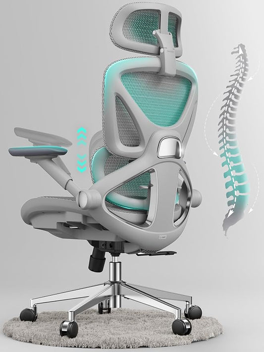 CAPOT Ergonomic Mesh Office Chair, Adjustable Lumbar High Back Desk Chair 400lbs, 4D Flip-up Arms, 3 Tilt Backrest, 3D Headrest, PU Wheels, Swivel Rolling Computer Seating for Long Desk Work - Grey-DeskLoop Office