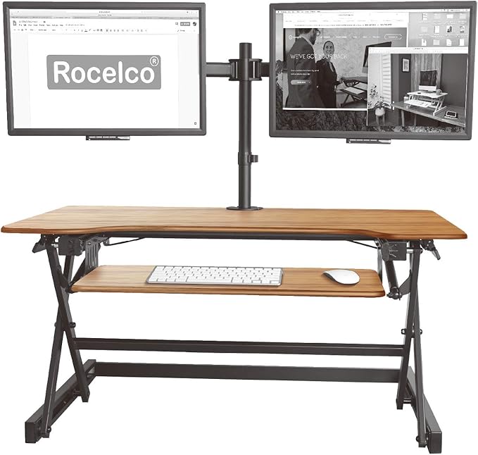 Rocelco 40" Large Height Adjustable Standing Desk Converter - Quick Sit Stand Up Dual Monitor Riser - Gas Spring Assist Computer Workstation - Retractable Keyboard Tray - Teak Wood Grain (R DADRT-40)-DeskLoop Office
