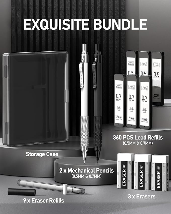 Four Candies 2PCS Metal Mechanical Pencils Set with Case, 0.5mm & 0.7 mm Artist Pencil with 6 Tubes (360PCS) HB Lead Refills, 3 Erasers,9 Eraser Refills For Writing Drafting, Drawing, Black&Silver-DeskLoop Office