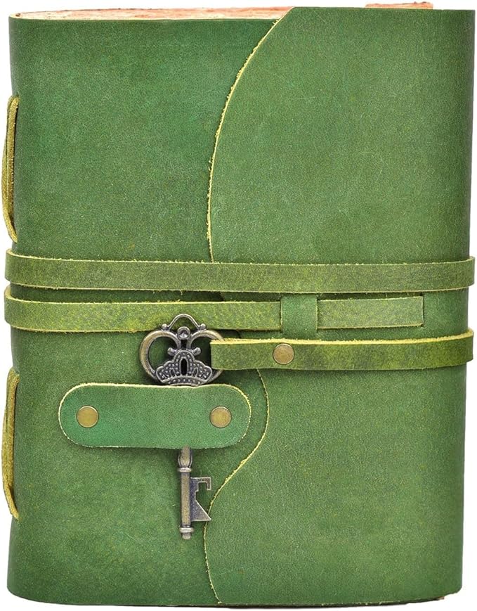 LEATHER VILLAGE Vintage Leather Journal – 200 Handmade Vintage Deckle Edge Paper – Leather bound Journal For Women Men – Vintage Key Closure - Book of Shadows - Green - 6X4 inches (A6)