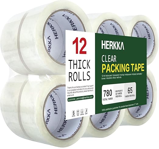 HERKKA Clear Packing Tape, 12 Rolls Heavy Duty Packaging Tape for Shipping Packaging Moving Sealing, Thicker Clear Packing Tape, 1.88 inches Wide, 65 Yards Per Roll, 780 Total Yards-DeskLoop Office