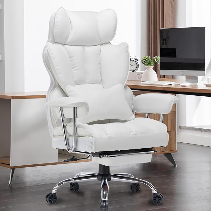 Efomao Big and Tall Office Chair 400lbs – High Back PU Leather Executive Chair with Lumbar Support, Footrest, Swivel Base, Padded Armrests, and Rolling Wheels for Home Office, White Computer Chair-DeskLoop Office