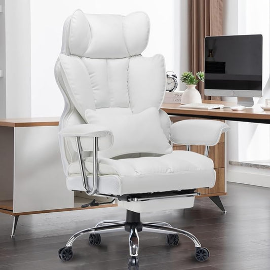 Efomao Big and Tall Office Chair 400lbs – High Back PU Leather Executive Chair with Lumbar Support, Footrest, Swivel Base, Padded Armrests, and Rolling Wheels for Home Office, White Computer Chair-DeskLoop Office
