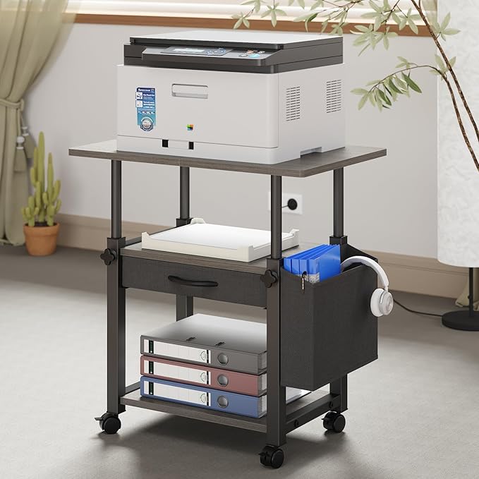 22"x15" Large Printer Stand with Drawer and-side Bag, Adjustable 3-Tier Printer Cart for Home Office, Rolling Printer Stand Fit Heat Press/Laser/3D Printer (Grey)-DeskLoop Office