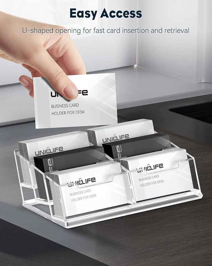 Uniclife Acrylic Business Card Holder for Desk 6 Slots Clear Business Card Display Stand for Men & Women Desktop Business Card Organizer Card Stand for Office Home Exhibition, 360 Card Capacity-DeskLoop Office