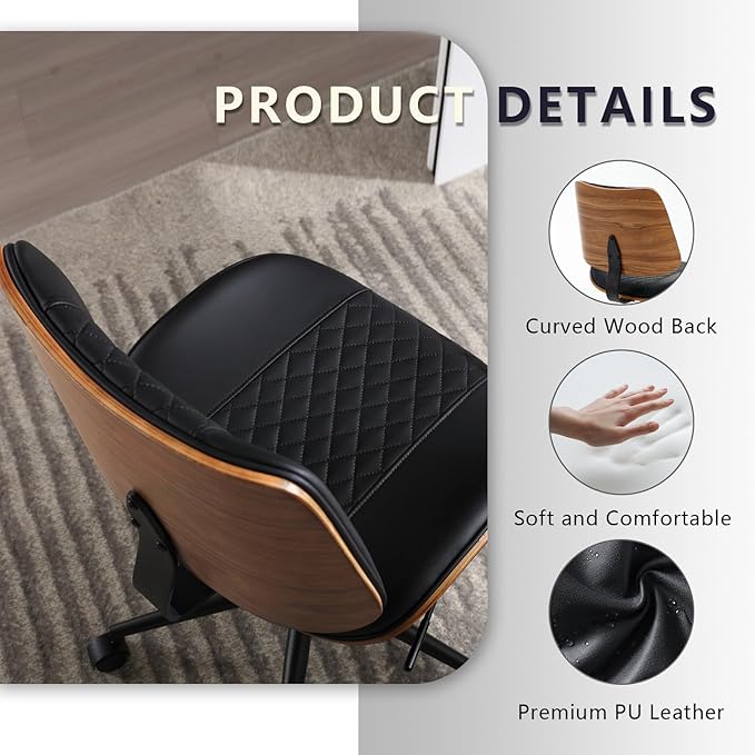 Home Office Chair No Arms with Wheels, Adjustable Height Small Desk Chair, PU Leather Mid Back 360 Swivel Computer Chair, Armless Modern Walnut Chair for Office, Reading Meeting Room(Black)-DeskLoop Office