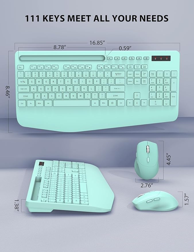 Wireless Keyboard and Mouse Combo - Full-Sized Ergonomic Keyboard with Wrist Rest, Phone Holder, Sleep Mode, Silent 2.4GHz Cordless Keyboard Mouse Combo for Computer, Laptop, PC, Mac, Windows (Green)-DeskLoop Office