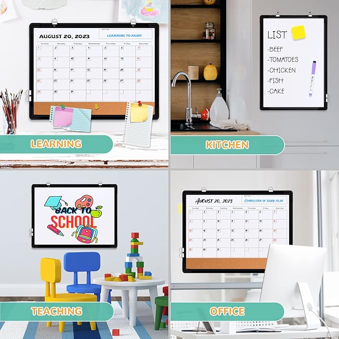 Monthly Calendar Whiteboard Dry Erase Cork Board Combination for Wall, 17x13 Magnetic Dry Erase Board, Double-Sided White Board, Portable Board for Office, Planning, Memo, School, Home (Black)-DeskLoop Office