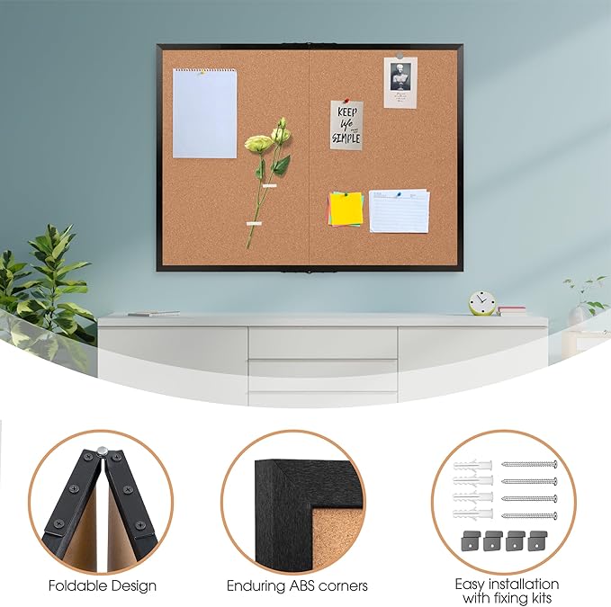 Board2by Cork Board Bulletin Board 36 x 48, Black Wood Framed 4x3 Corkboard, Foldable Office Board for Wall Decor, Large Wall Mounted Notice Pin Board with 36 Push Pins for School, Home & Office-DeskLoop Office
