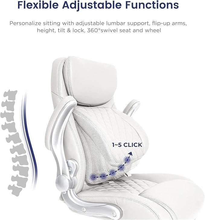 Nouhaus Ergonomic Office Chair Premium Microfiber Leather Adjustable Lumbar Support & Armrests, High Back Comfy Desk Gaming Chairs Executive Computer Swivel Chair Tilt Function(Posture,White)-DeskLoop Office