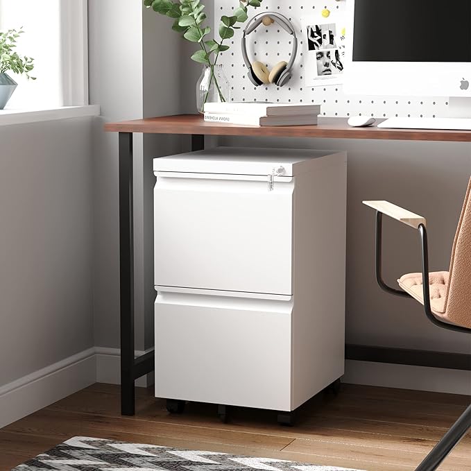 Letaya 2 Drawer Mobile File Cabinet with Lock,Under Desk Metal Filing Cabinets for Home Office Organizer Letters/Legal/A4(White-Requires Installation)-DeskLoop Office