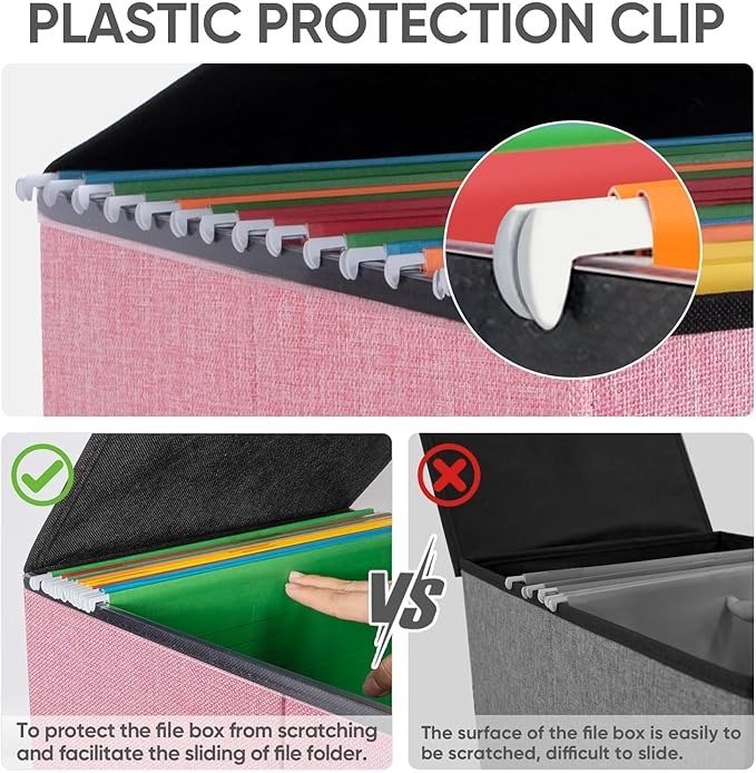 BALEINE File Organizer Box with Lid, Collapsible File Folder Organizer with Plastic Slide, Hanging File Folder Box for Office Document Storage (2 Pack, Pink)-DeskLoop Office