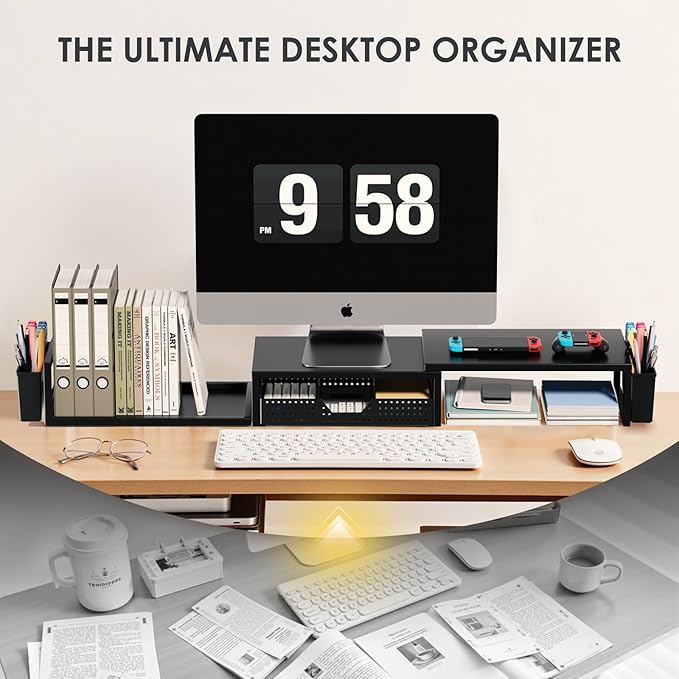 Desk Organizers and Accessories, Dual Monitor Stand Riser with Drawer and 2 Pen Holders, Desk Shelf Metal Computer Monitor Stand for Office Workspace Organizers, Desktop Organization (Black)-DeskLoop Office