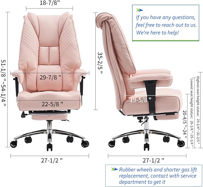 Big and Tall Office Chair 400lbs Wide Seat, Leather High Back Executive Office Chair with Foot Rest, Ergonomic Chairs Lumbar Support for Lower Back Pain Relief (Light Pink)-DeskLoop Office