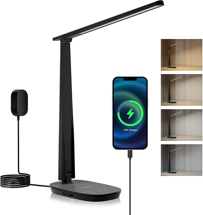 HONEYWELL LED Desk Lamp - HWT-H2 Sunturalux™ Eye-Caring Foldable Desk Light with USB A+C Dual Charging Port 4 Color Modes Dimmable Table Lamp for Home Office Bedroom Reading Study Work - Black-DeskLoop Office