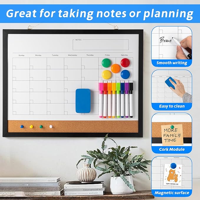 Dry Erase Calendar Whiteboard, 17" x 13" Magnetic Whiteboard Cork Board Combo, Reusable Monthly Planner with 8 Markers, Eraser, Magnets and Pushpins, Hanging Dry Erase Board for Home, School - Black-DeskLoop Office