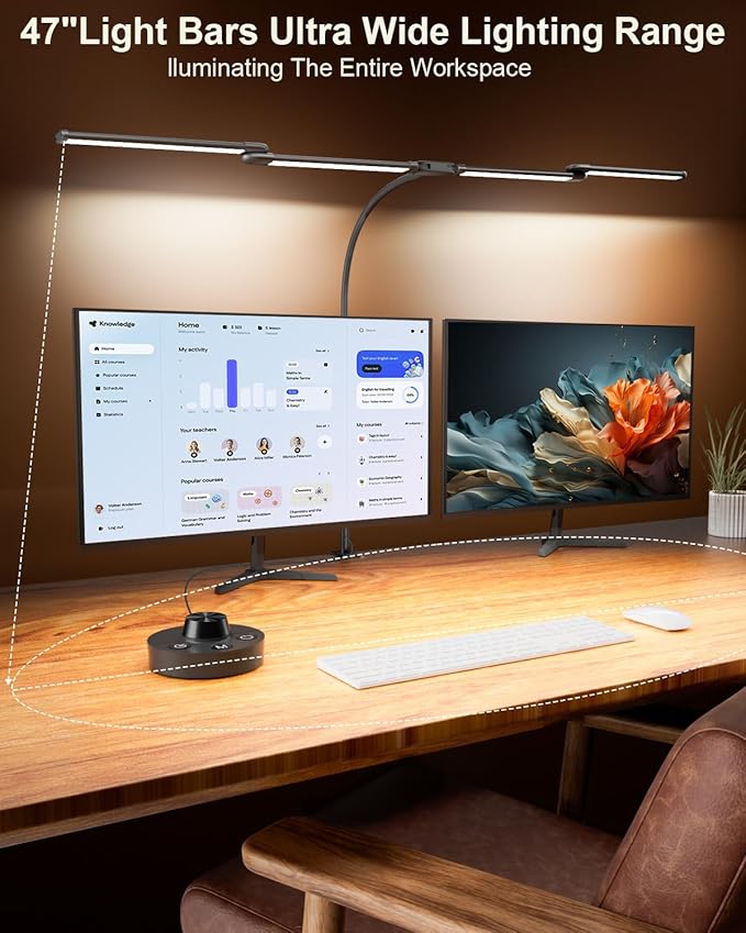 LED Desk Lamp with Clamp, 24W Ultra Architect Desk Lamp for Home Office, Stepless Dimming & Adjustable Gooseneck, Eye-Caring Light with USB Adapter for Reading, Study, Multi-Screen Setup (Black)-DeskLoop Office