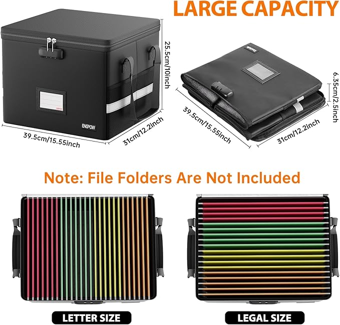 ENGPOW 5200°F Fireproof Document Box with Lock, Heat Insulated Collapsible File Storage Organizer with Handle, Portable Home Office File Cabinet for Hanging Letter/Legal Size Folder, Black-DeskLoop Office