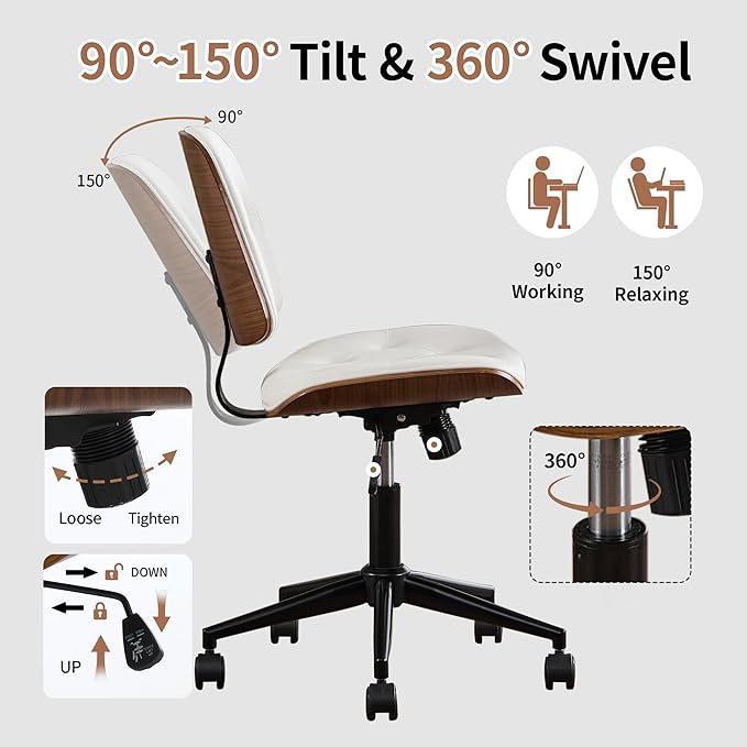 Small Home Office Chair – Adjustable Height, Armless PU Leather Mid-Back Desk Chair with Swivel Wheels, Walnut Finish, Perfect for Study or Bedroom, White-DeskLoop Office