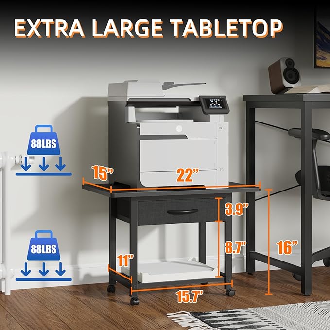 22"x15" Large Printer Stand with Storage Drawer, 2-Tier Under Desk Printer Table for Home Office, Printer Cart fit Fax Machine/3D Printer/Scanner(Black)-DeskLoop Office