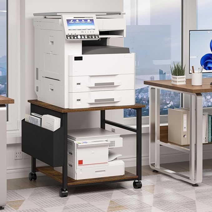 Lerliuo Large Printer Stand with Storage Shelf, 23.6 x 23.6 x 22.8 Industrial Printer Table for Home Office, Rolling Printer Cart Holder with Lockable Wheels, Mobile Mini Fridge Stand Table (Brown)-DeskLoop Office