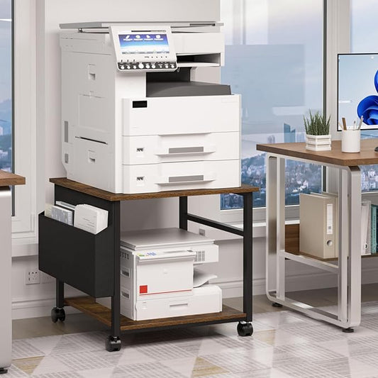 Lerliuo Large Printer Stand with Storage Shelf, 23.6 x 23.6 x 22.8 Industrial Printer Table for Home Office, Rolling Printer Cart Holder with Lockable Wheels, Mobile Mini Fridge Stand Table (Brown)-DeskLoop Office