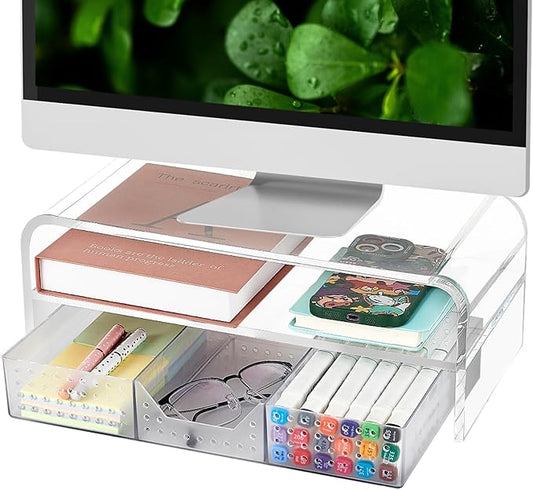 Acrylic Clear Desk Organizers and Accessories, 2-Tier Computer Monitor Stand Riser with Drawer, Laptop Stand, Office Desk Accessories for Office Supplies, Transparent-DeskLoop Office