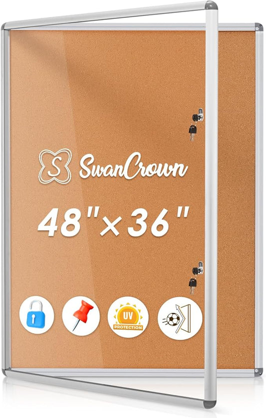 SWANCROWN Enclosed Bulletin Board 48x36 in, Tamperproof Lockable Cork Board Wall Display Case for Office School Home, Aluminum Frame-DeskLoop Office