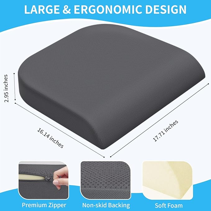 Large Seat Cushion,Soft Foam Cushion for Long Sitting Hours on Office Chair, Home & Car, Non-Slip Chair Pad for Relieving Back & Sciatica & Hip & Coccyx Pain (Grey)
