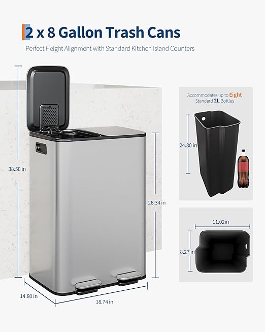 GarveeHome 2 x 8 Gallon Stainless Steel Double Trash Can with Lid for Kitchen, Large Dual Trash and Recycle Bin Combo, Step-on Kitchen Metal Garbage Cans, PP Inner Buckets, Liner Rim, Silver-DeskLoop Office