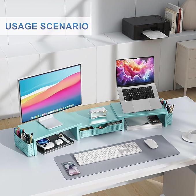 gianotter Dual Monitor Stand Riser, Desk Organizer With Drawer and 2 Pen Holders, Monitor Stand for Desk, Office Decor Essentials (Blue)-DeskLoop Office