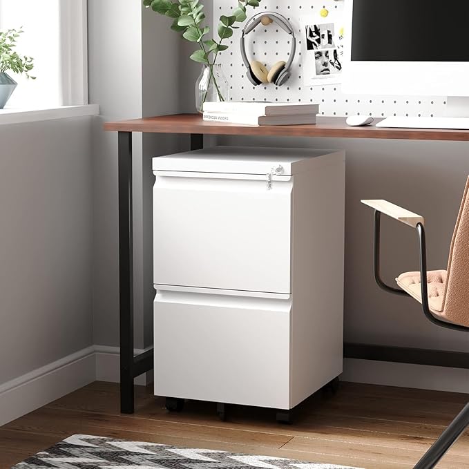 Letaya 2 Drawer Mobile File Cabinet with Lock,Under Desk Metal Filing Cabinets for Home Office Organizer Letters/Legal/A4(Fully Assembled-White)-DeskLoop Office