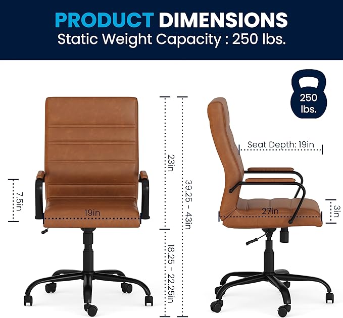 Flash Furniture Whitney High-Back Swivel LeatherSoft Desk Chair with Padded Seat and Armrests, Adjustable Height Padded LeatherSoft Office Chair, Brown/Black Gold-DeskLoop Office