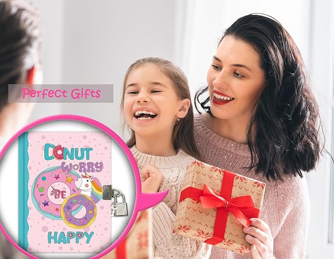 Girls Diary with Lock for Kids, 7x5.25 Inches 160 Lined Pages Secret Pink Doughnut Notebook for Girls Journal with Lock for Kids Pre School Writing Drawing Cute Girls Gifts for Birthday-DeskLoop Office