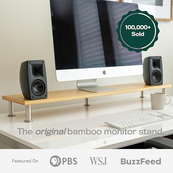 The Original Bamboo Dual Monitor Stand (As Seen On PBS) - 42 Inch Large Monitor Riser for Computer Screens, Laptop or TV - Desk Shelf Adds Storage Space and Improves Ergonomics - Natural-DeskLoop Office