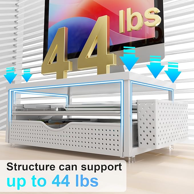 gianotter Wood Monitor Stand Riser, Office Desk Shelf Organizer, Desk Organizer with Drawer and Pen Holder, 2-Tier Computer Stand, Office Organization (Matte White)-DeskLoop Office