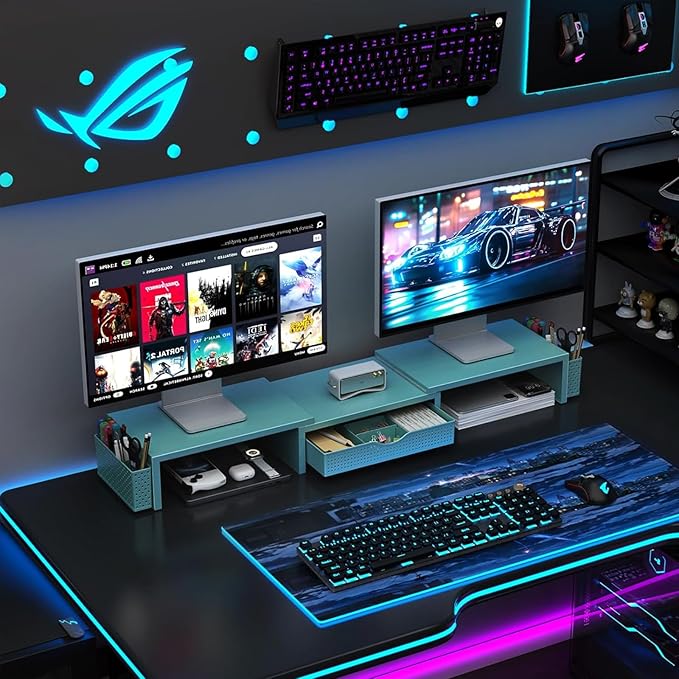 gianotter Dual Monitor Stand Riser, Desk Organizer With Drawer and 2 Pen Holders, Monitor Stand for Desk, Office Decor Essentials (Blue)-DeskLoop Office