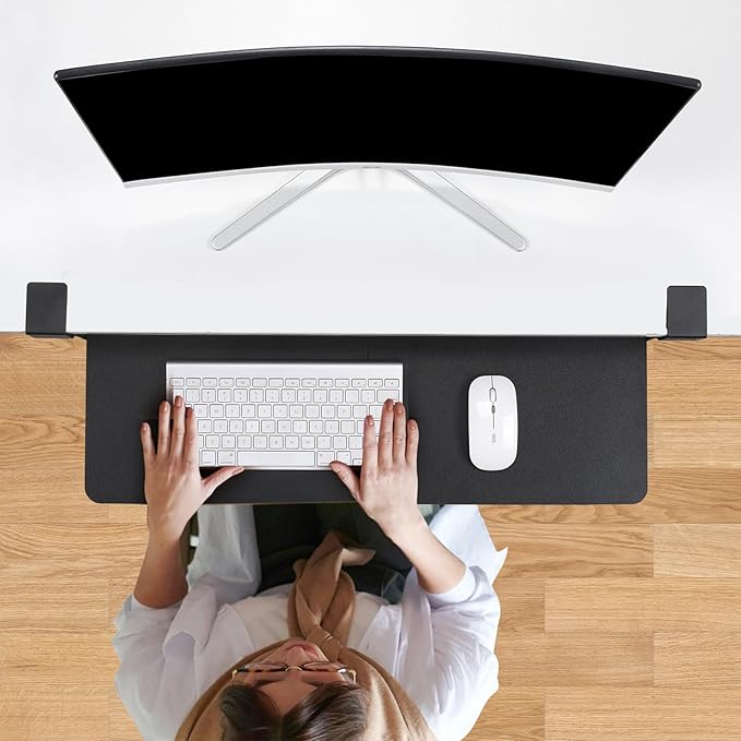 Keyboard Tray Under Desk with Drawer,26.77" X 11.81" Keyboard Tray Large Size with C Clamp-on Mount, Easy to Install, Save Space for Office Desk (Black)-DeskLoop Office